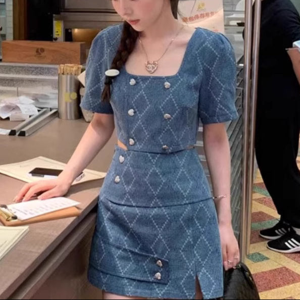 marlenedam italy♡コート&スカート　セットアップ an/アン】千鳥柄/ ツイード/ セットアップ/ ボタン/ 半袖/ 袖