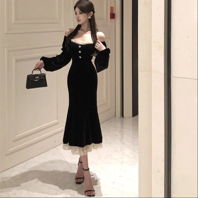 舞踏会で視線を集めるベルベットマーメイドワンピース_R0333 – merci latte