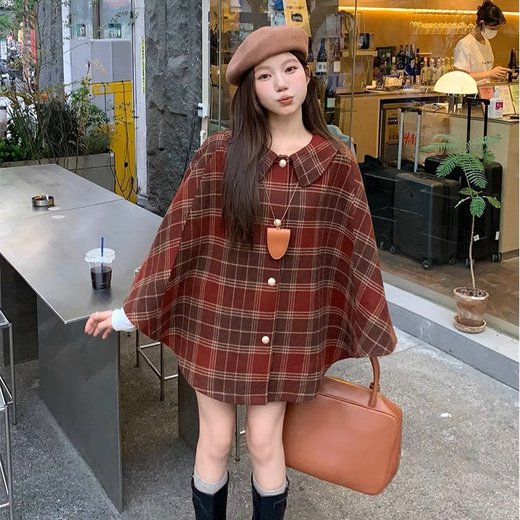 甘いチョコレートの香りチェック柄ケープコート_N1750 – merci latte