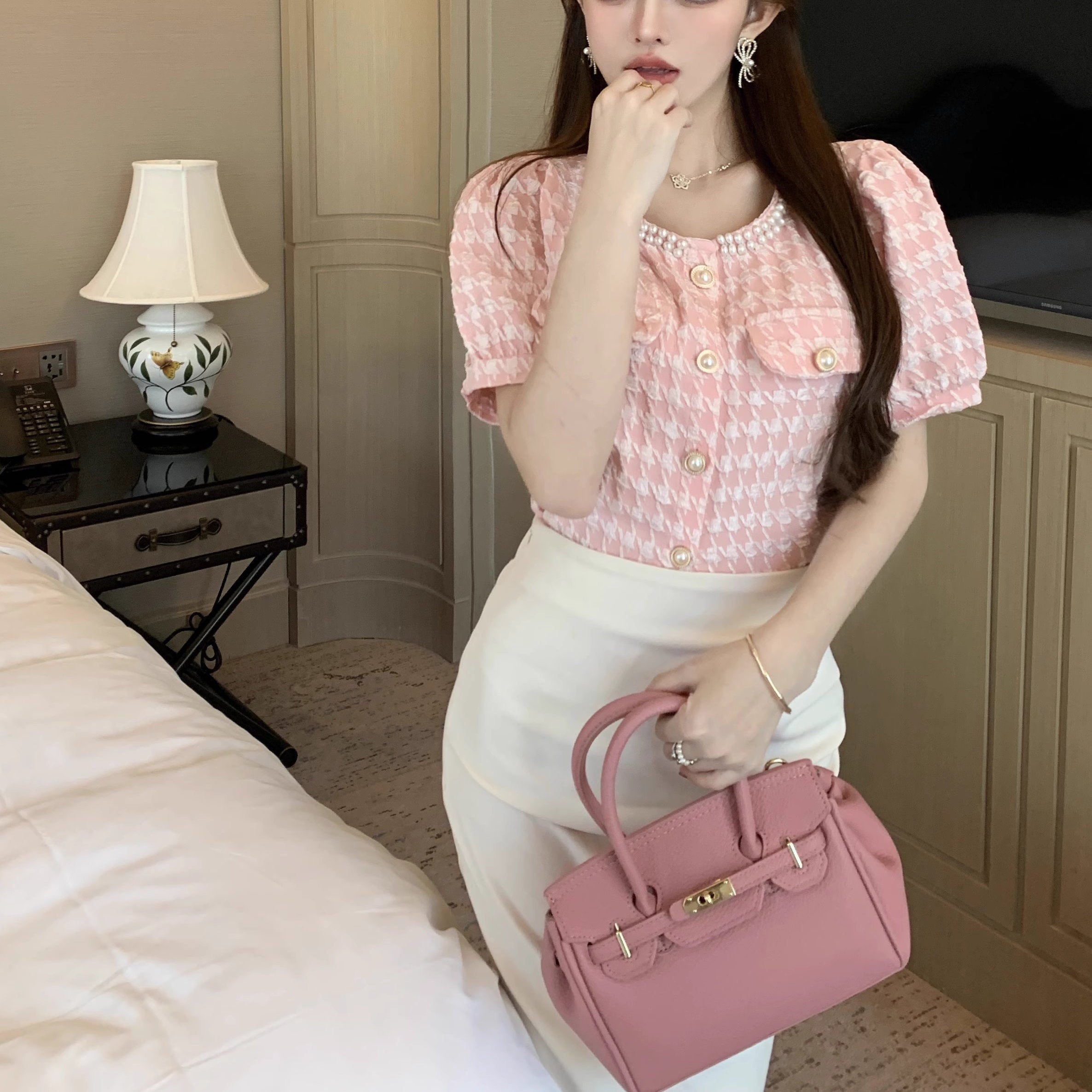 レディクラシックピンクの千鳥柄トップス_R0087 – merci latte