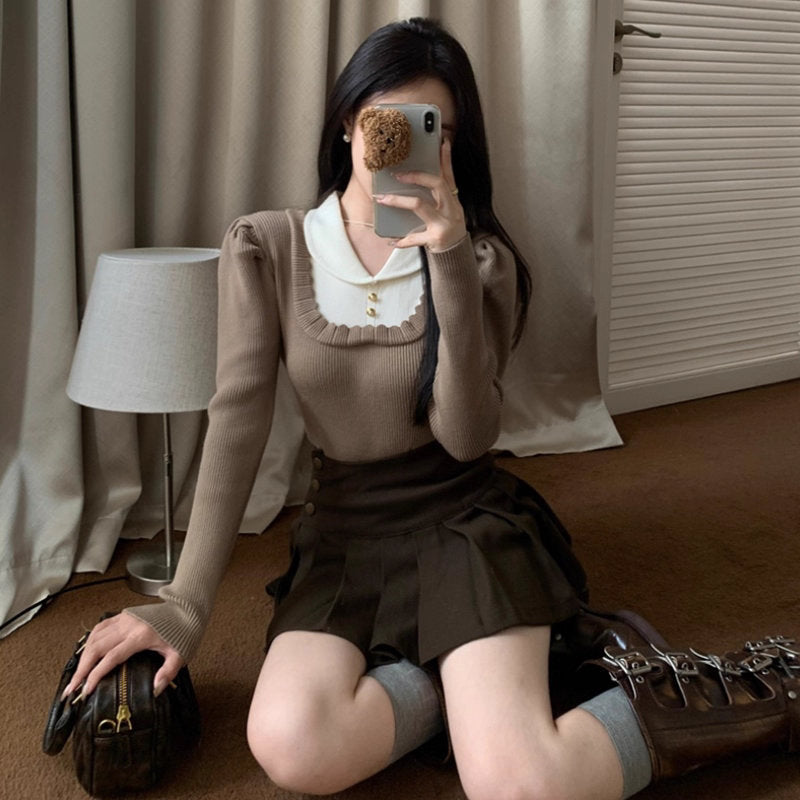 即納アイテム】白い襟を揺らして恋を待つスクエアニットトップス_R0416