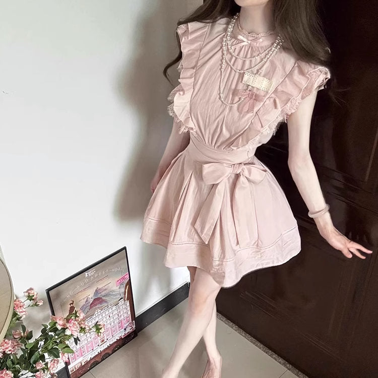 フリル付きピンクセットアップ 予約商品】フリルヨークリボン